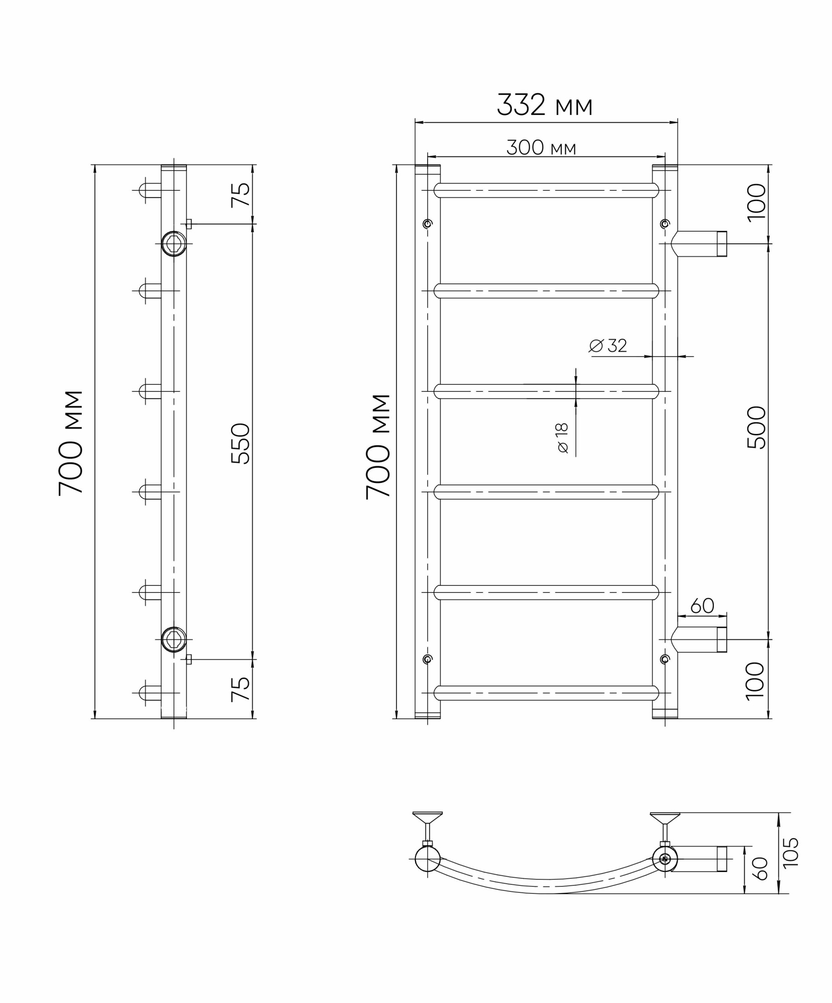 Arc, боковое подключение 70/30, Хром