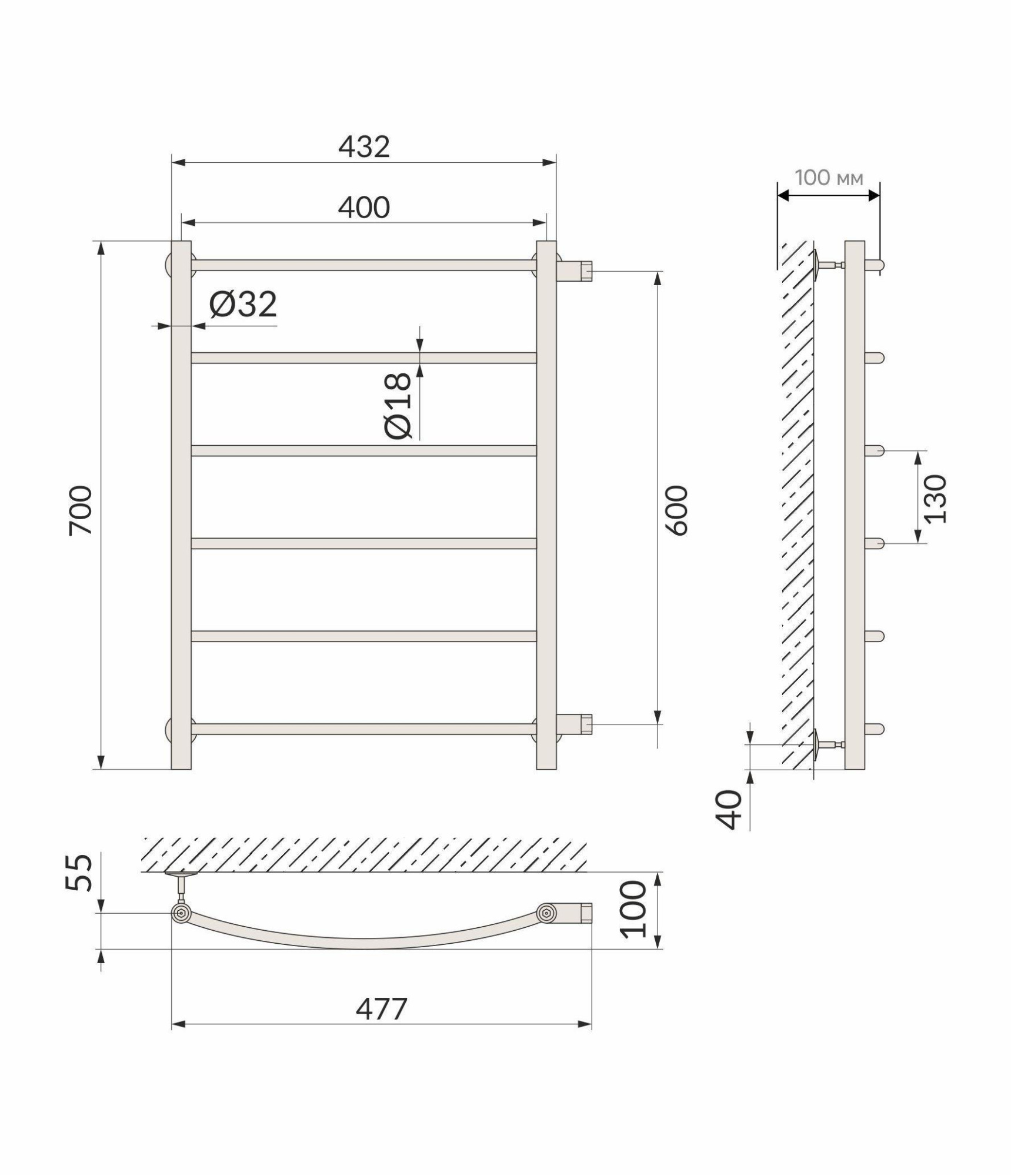 Arc, боковое подключение 70/40, Хром