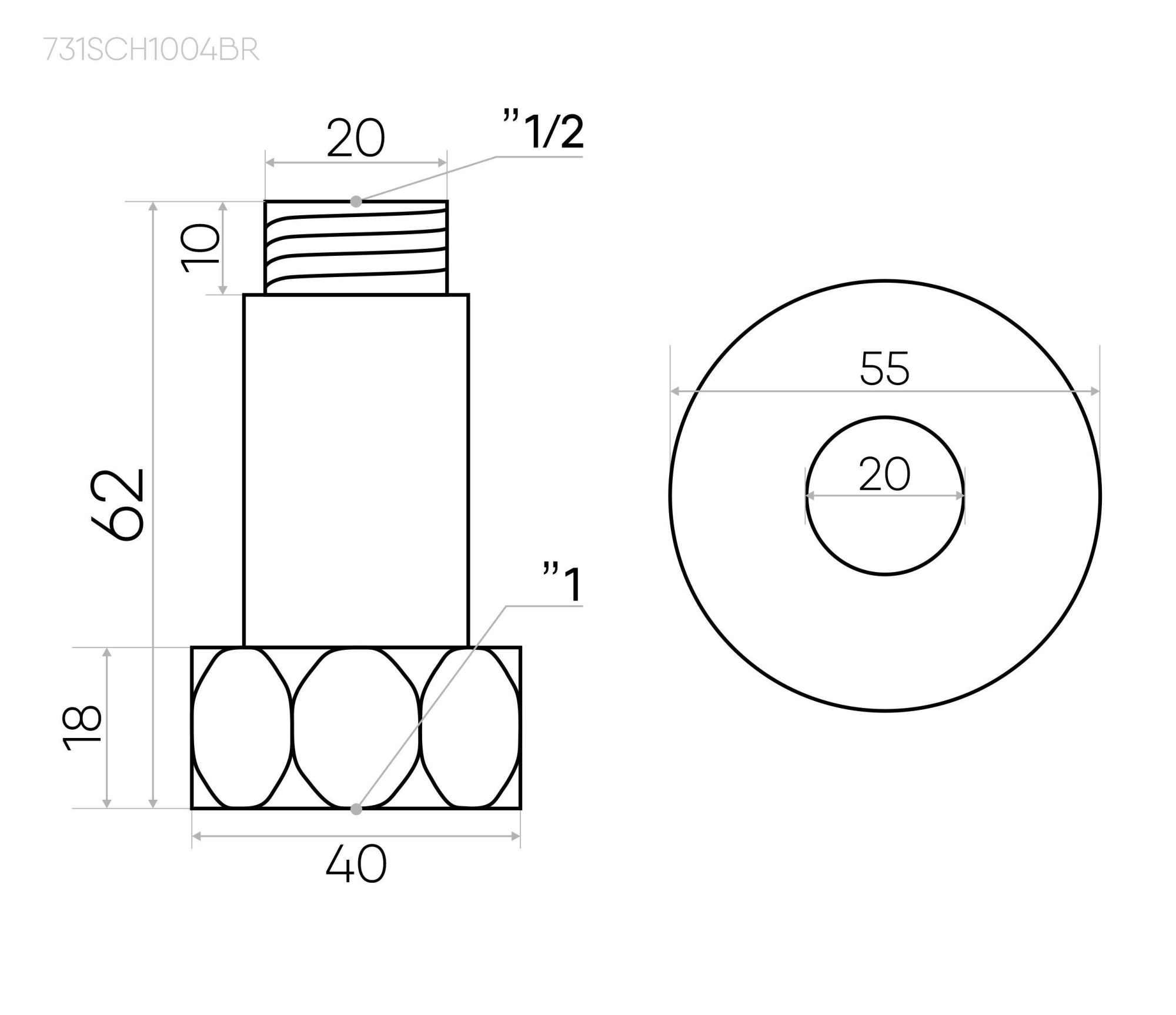 Изображение Соединение прямое 1"x1/2" гайка/штуцер, хром (пара)