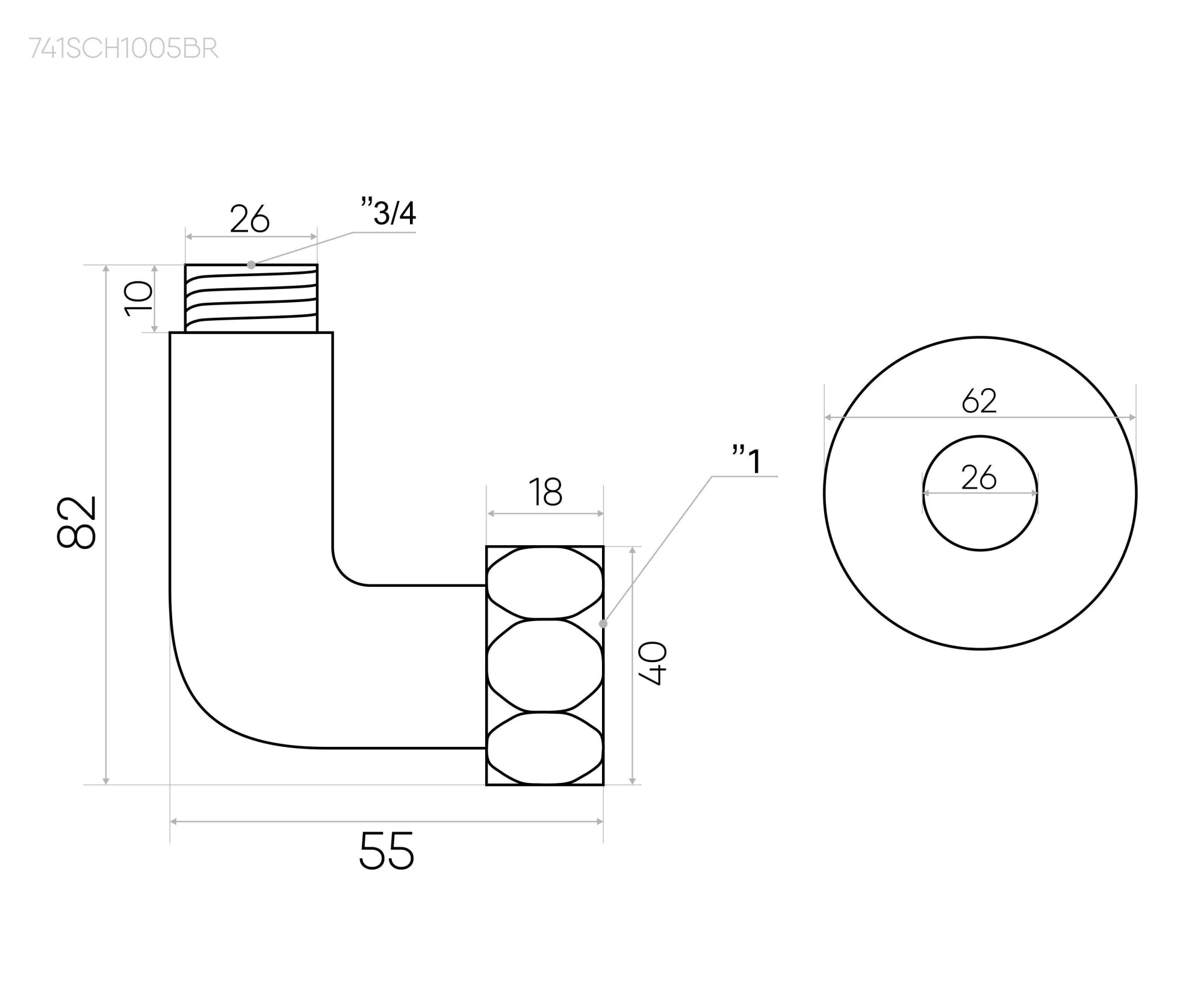 Изображение Соединение угловое 1"x3/4" гайка/штуцер, Черный Муар (пара)